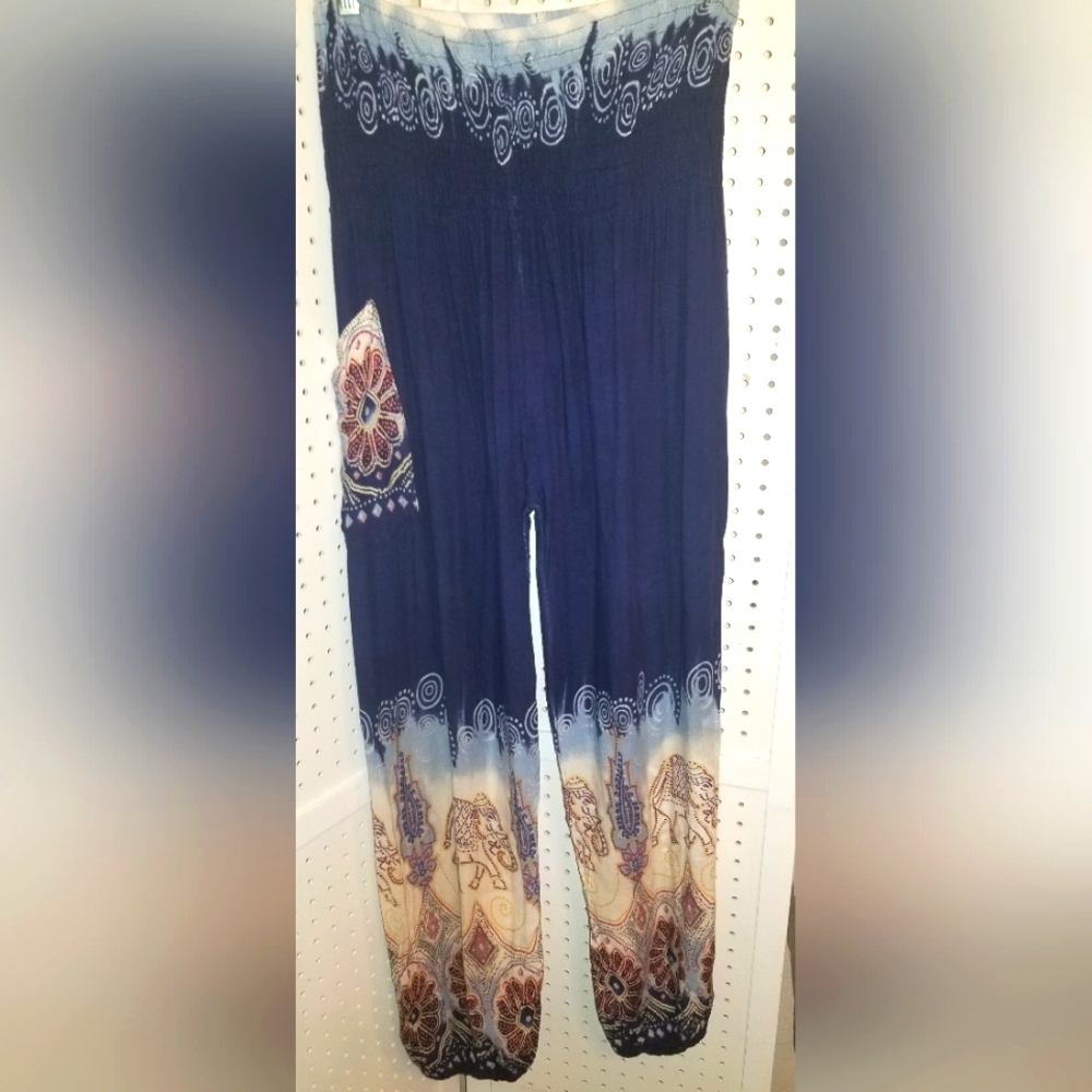 Cream and Blue Wide Leg Pants with Artistic Gradient